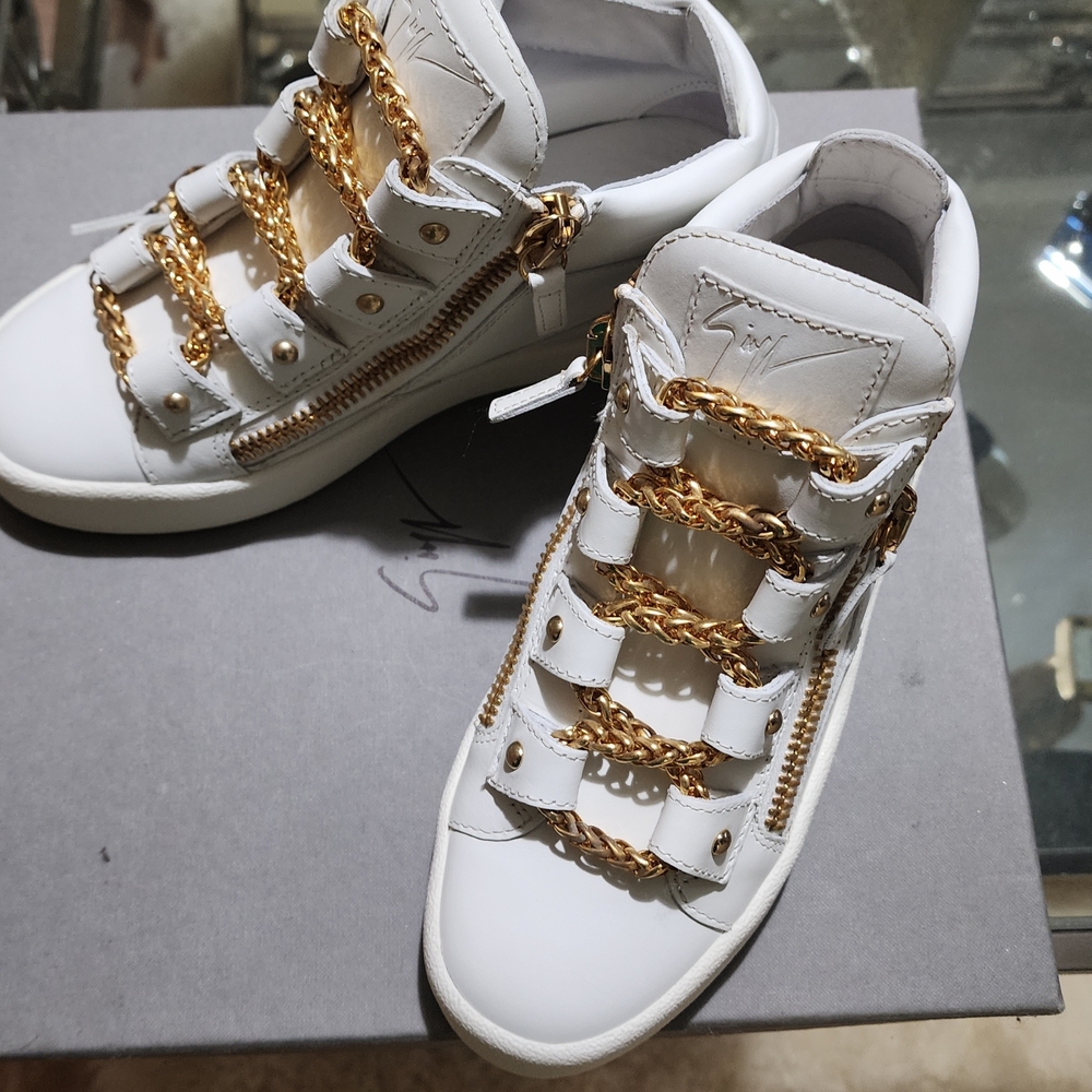 Giuseppe Zanotti Gold and White Butterfly Sneakers